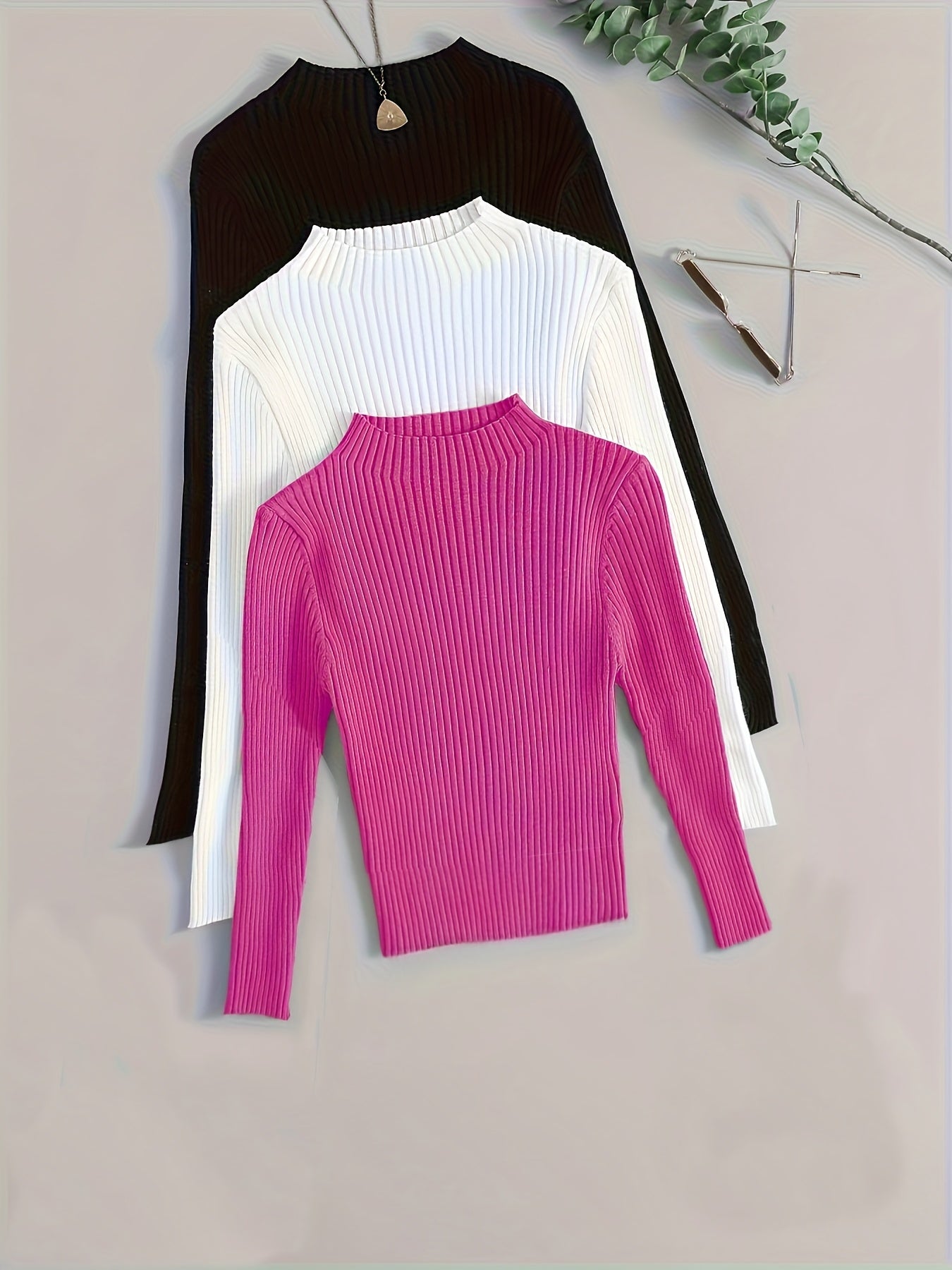 Gerippter Langarm-Pullover mit Stehkragen für Damen, einfarbig
