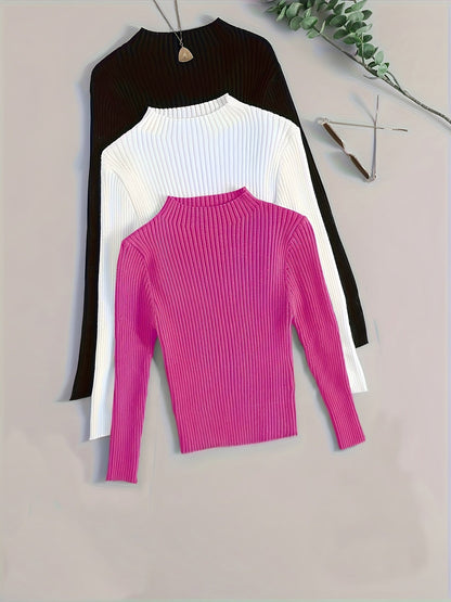 Gerippter Langarm-Pullover mit Stehkragen für Damen, einfarbig
