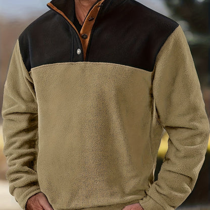 Herren Fleece-Pullover Stehkragen Knopfleiste Patchwork Outdoor