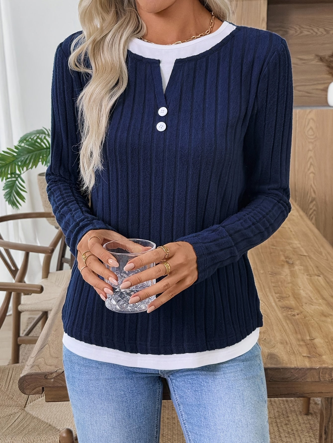 Damen Langarmshirt Gerippt Marineblau Henley-Ausschnitt