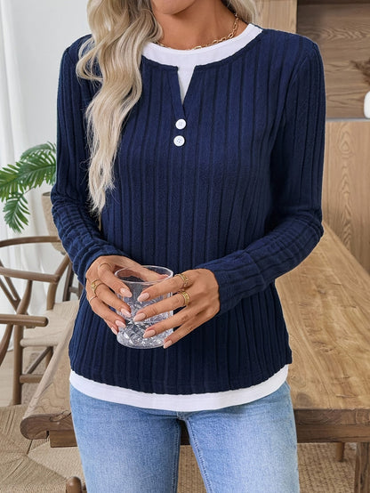 Damen Langarmshirt Gerippt Marineblau Henley-Ausschnitt