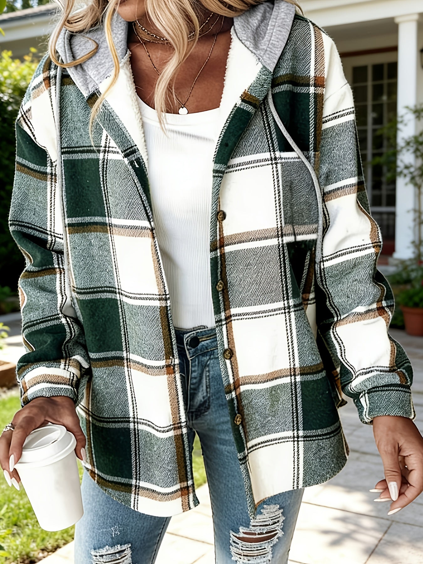 Plaid women’s jacket with hood, green and white, oversized fit