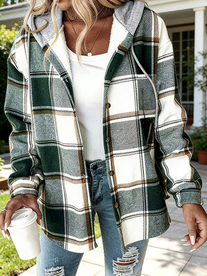 Plaid women’s jacket with hood, green and white, oversized fit