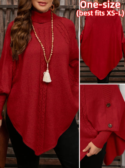 Damen Strick-Poncho mit Rollkragen, Zopfmuster und Knopfdetails
