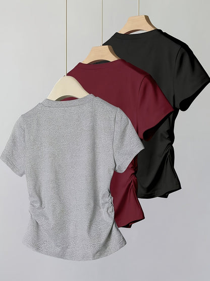 Women's Basic T-Shirt with Bow Embroidery and Ruching – Everyday & Casual