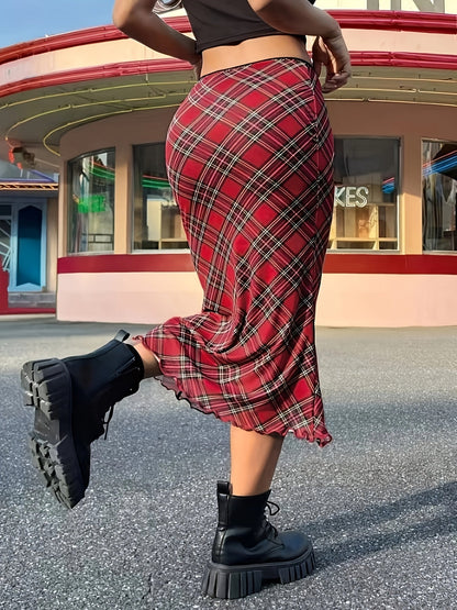 Women's Elegant Checked Maxi Skirt Vintage Style – Casual & Everyday