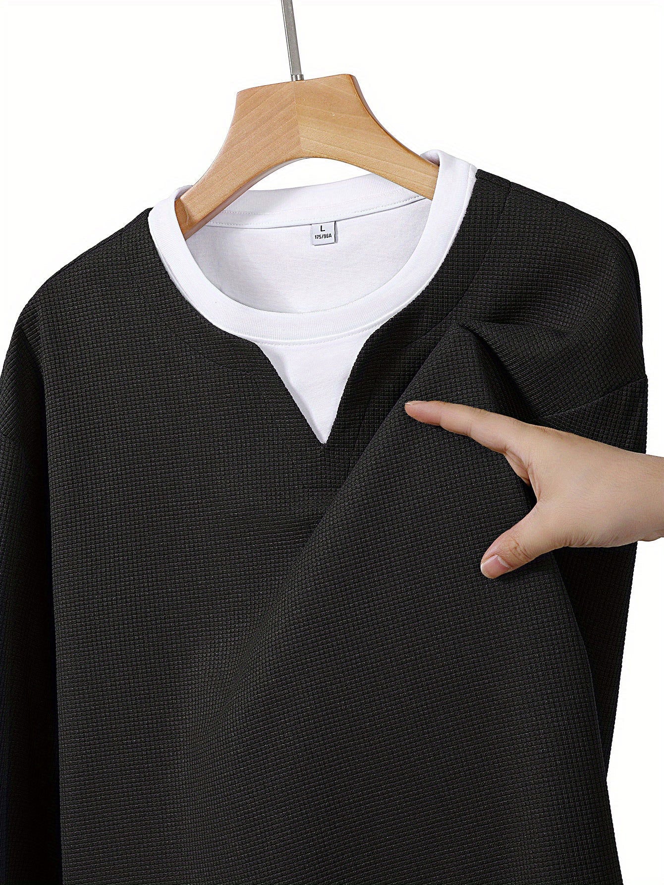 Men's Long-Sleeve Sweater, Waffle Texture, V-Neck, Two-Layer Look, Gray/Black
