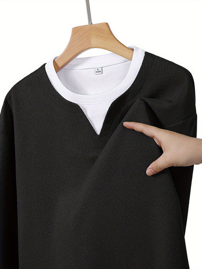 Men's Long-Sleeve Sweater, Waffle Texture, V-Neck, Two-Layer Look, Gray/Black
