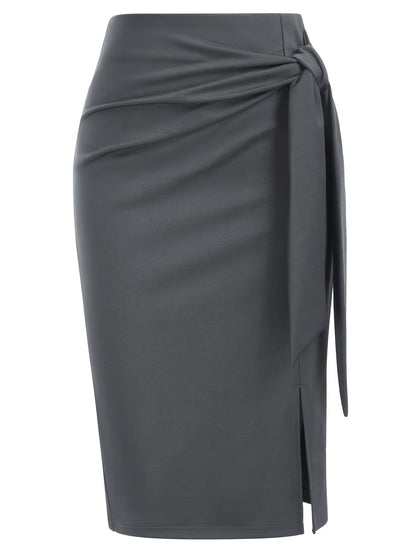 Women's Elegant Midi Skirt with Bow Detail and Slit – Perfect for Office & Festive Occasions