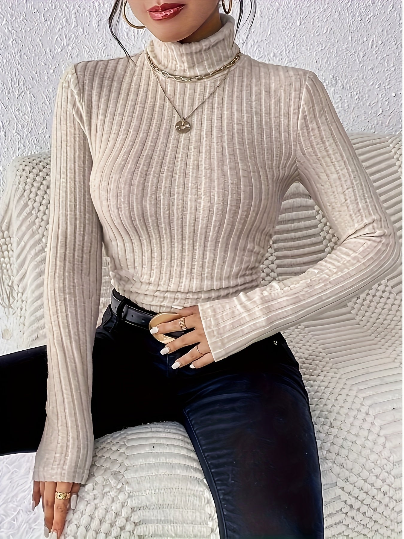 Gerippter Damen Rollkragenpullover Langarm