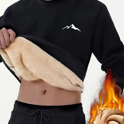 Men's long-sleeve shirt with mountain design, warm lining, crew neck, soft fleece interior
