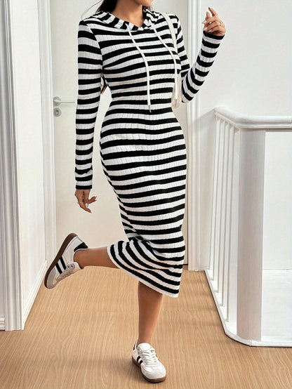 Women's striped midi knit dress with hood and long sleeves