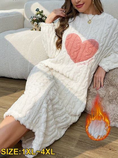 Women's Nightgown, Cozy Plush Long-Sleeve Nightdress with Heart Pattern, White