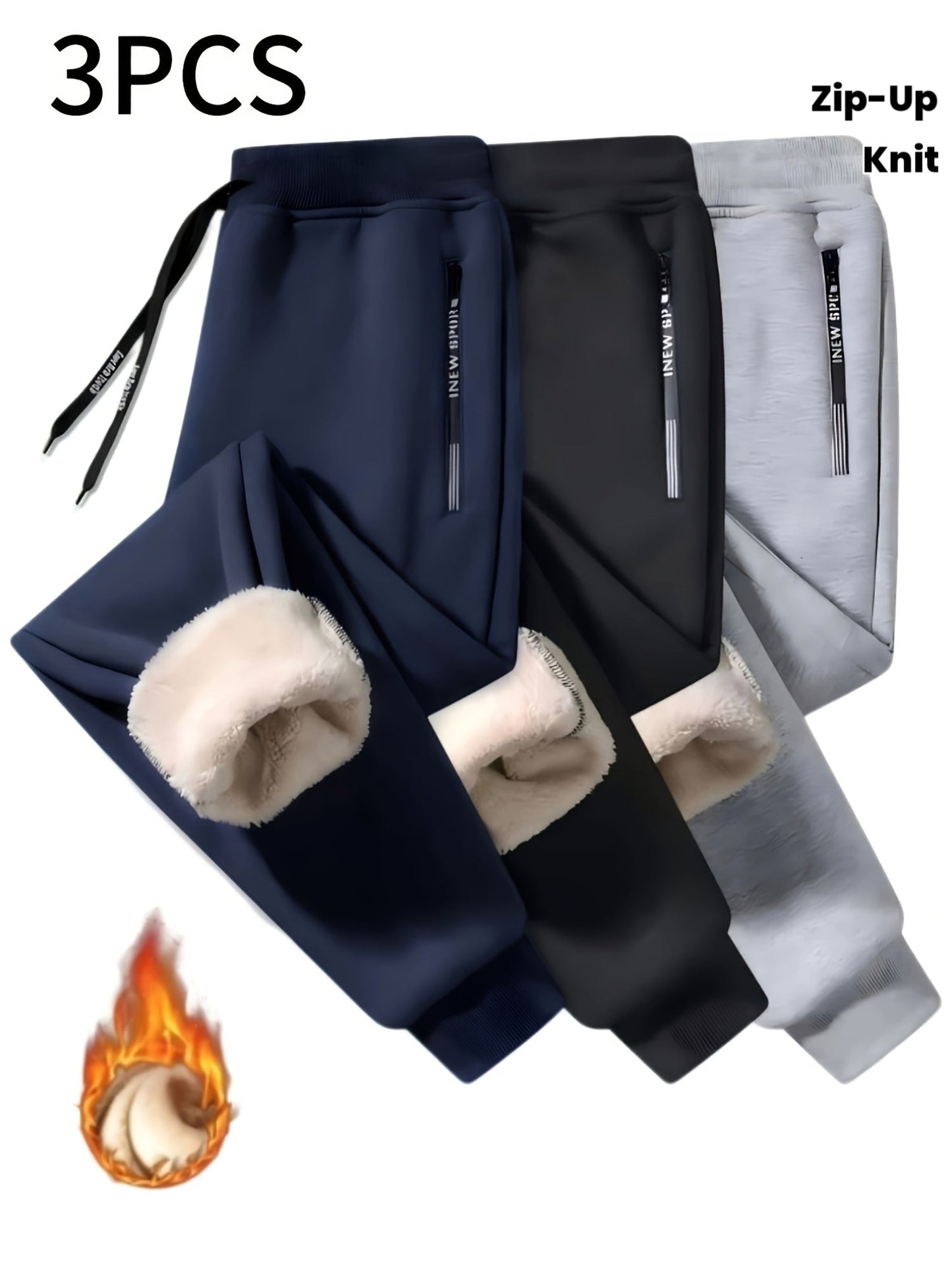 Men’s warm lined sweatpants 3-pack with drawstring and zippered pockets