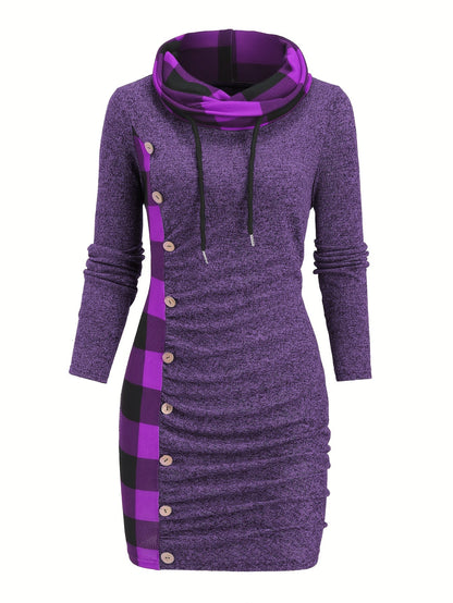 Damen Pulloverkleid mit Rollkragen, kariertem Einsatz & Knöpfen, Langarm, tailliert