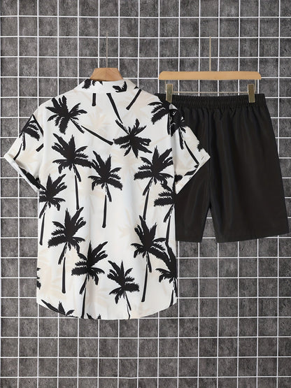 Herren Sommer Strand Set – Palmen Print Kurzarmhemd und Shorts, Freizeit Outfit