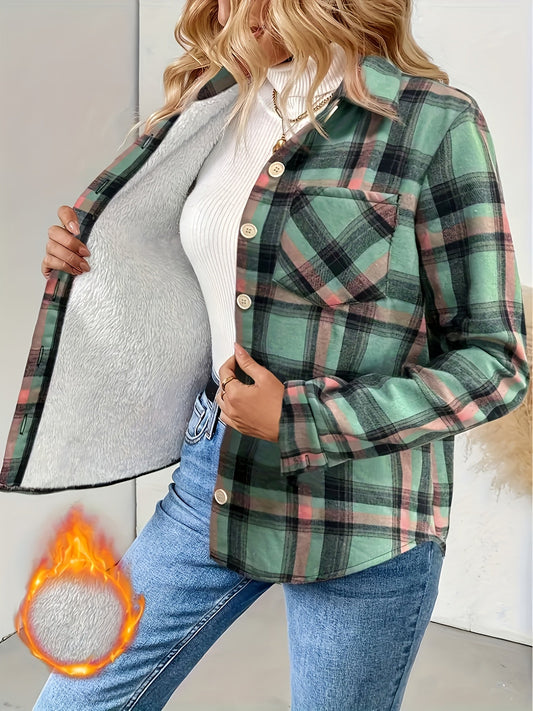 Women's green plaid shirt jacket with warm lining