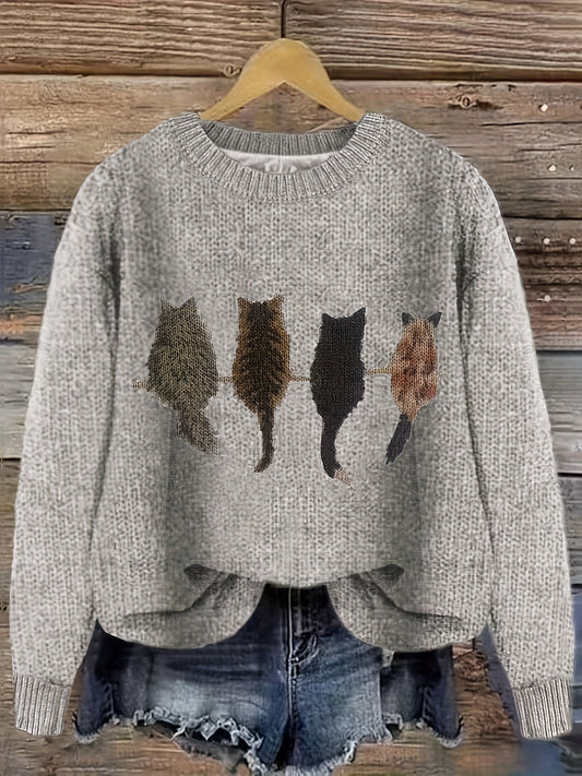 Damen Strickpullover mit Rundhalsausschnitt und Katzen-Motiv