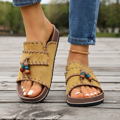 Women's Boho Slide Sandals with Beads and Embroidery – Summer Casual Shoes