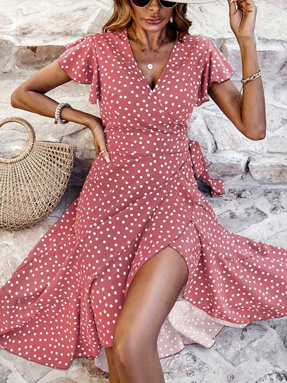 Women's Wrap Dress with Polka Dots and Ruffle Sleeves – Elegant Summer Look for Everyday and Leisure