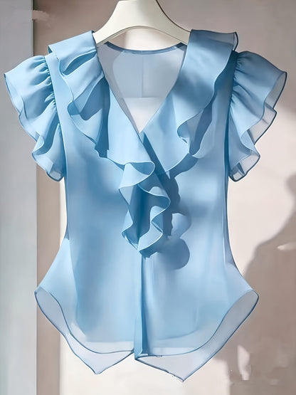 Women's blouse with ruffles and V-neck – Elegant frilled blouse for office and leisure