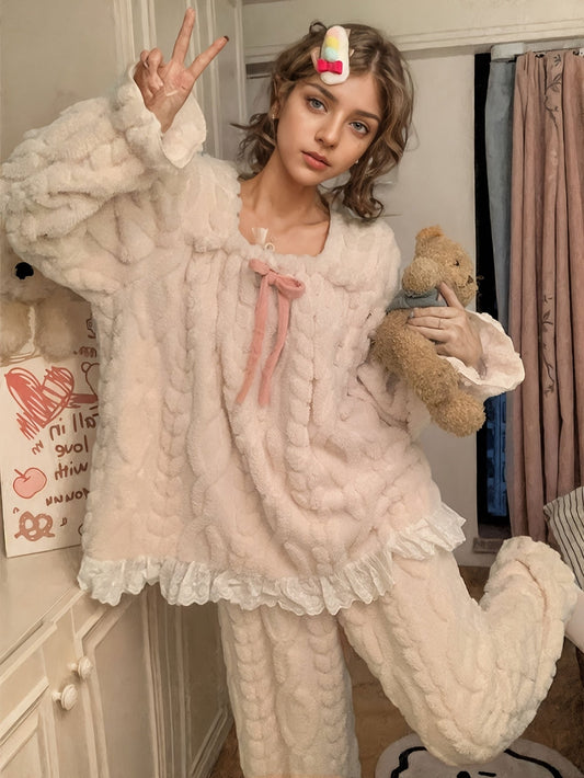 Women’s Fuzzy Beige Pajamas with Ruffles and Cable-Knit Pattern