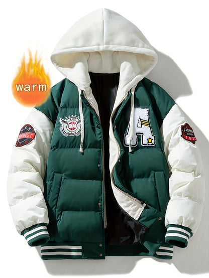 Unisex Winter Jacke im College-Stil mit abnehmbarer Kapuze, Kontrastärmeln & Patches