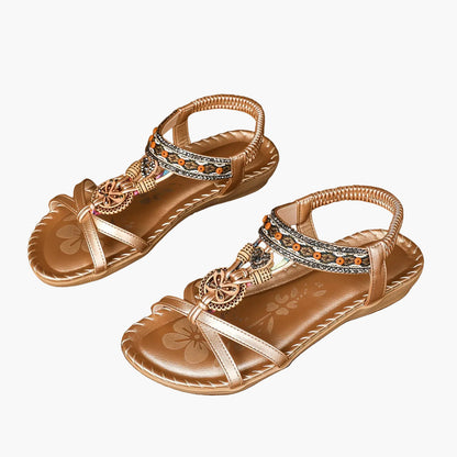 Women's Boho Sandals with Decorative Jewelry and Elastic Ankle Strap – Comfortable Summer Shoes for Casual Wear and Vacation