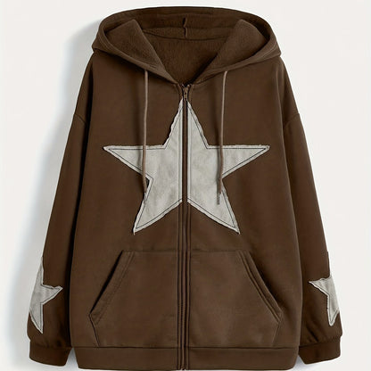 Unisex Kapuzenjacke mit Reißverschluss, Oversize, Stern-Applikationen, Kordelzug, Kängurutaschen