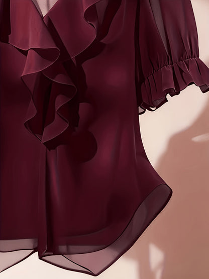 Women's ruffled blouse with frills and puff sleeves – Elegant vintage style for office and leisure