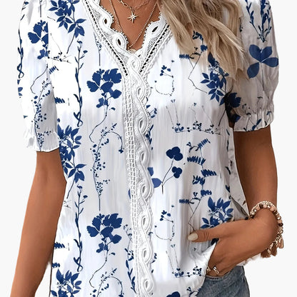 Women's blouse with V-neck and lace trim, casual summer style, floral pattern, ideal for everyday wear and leisure