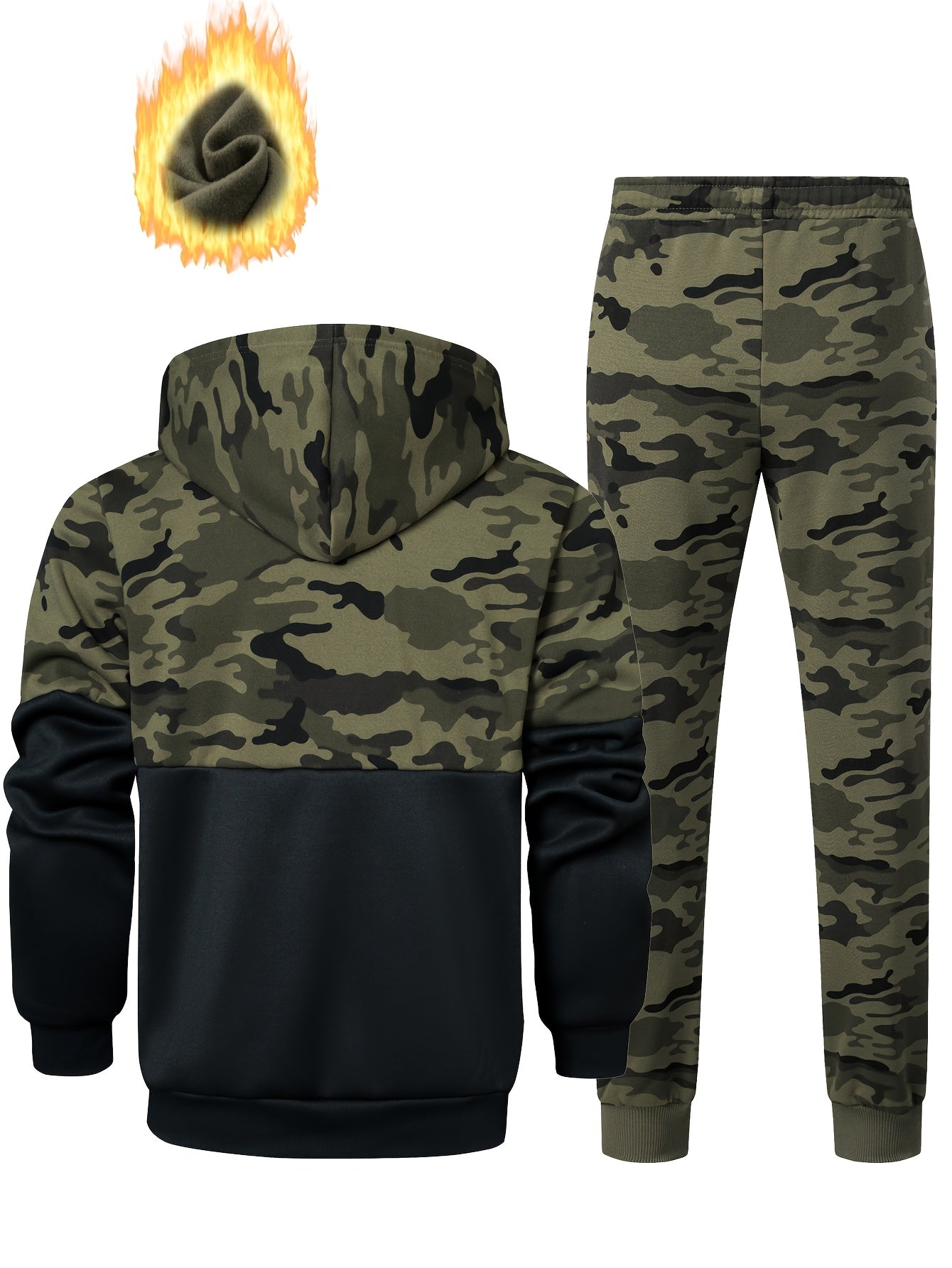 Men's camouflage tracksuit set, hooded jacket & pants, khaki green