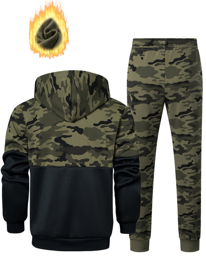 Men's camouflage tracksuit set, hooded jacket & pants, khaki green