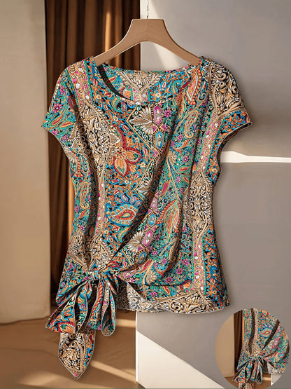 Women's Boho Blouse Shirt with Paisley Pattern and Knot Detail – Elegant Spring & Summer Top, Fashionable and Versatile