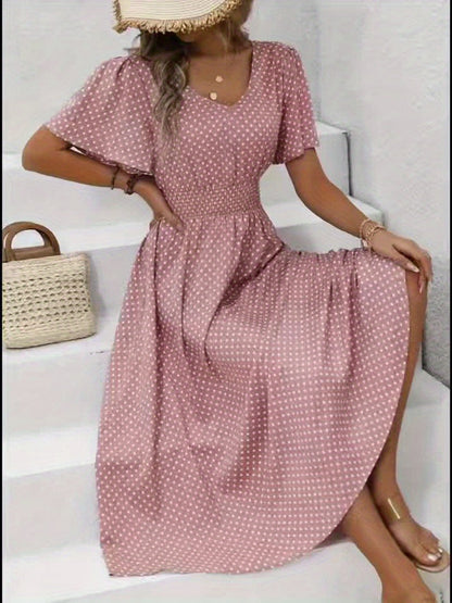 Women's Summer Polka Dot Maxi Dress with Short Sleeves and V-Neck – Casual & Vacation