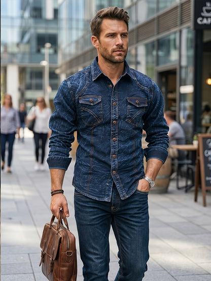 Men's long-sleeve dark blue denim shirt with chest pockets in a worn look