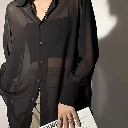 Women's Long Sleeve Blouse Transparent Loose Modern for Everyday and Leisure