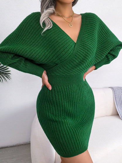 Women's rib-knit sweater dress, V-neck, long sleeves