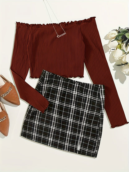 Women's Set Elegant Off-Shoulder Top and Plaid Mini Skirt – Perfect for Spring & Summer