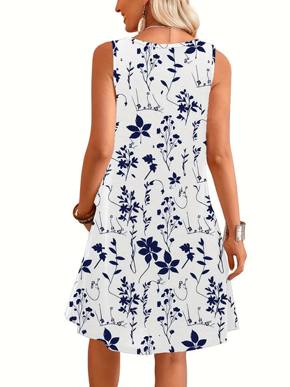 Women's summer casual dress with floral pattern, sleeveless, A-line, elegant for everyday wear and going out