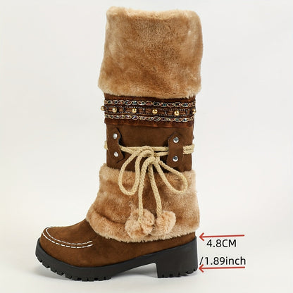 Women's brown winter boots with faux fur, decorative straps & pom-poms