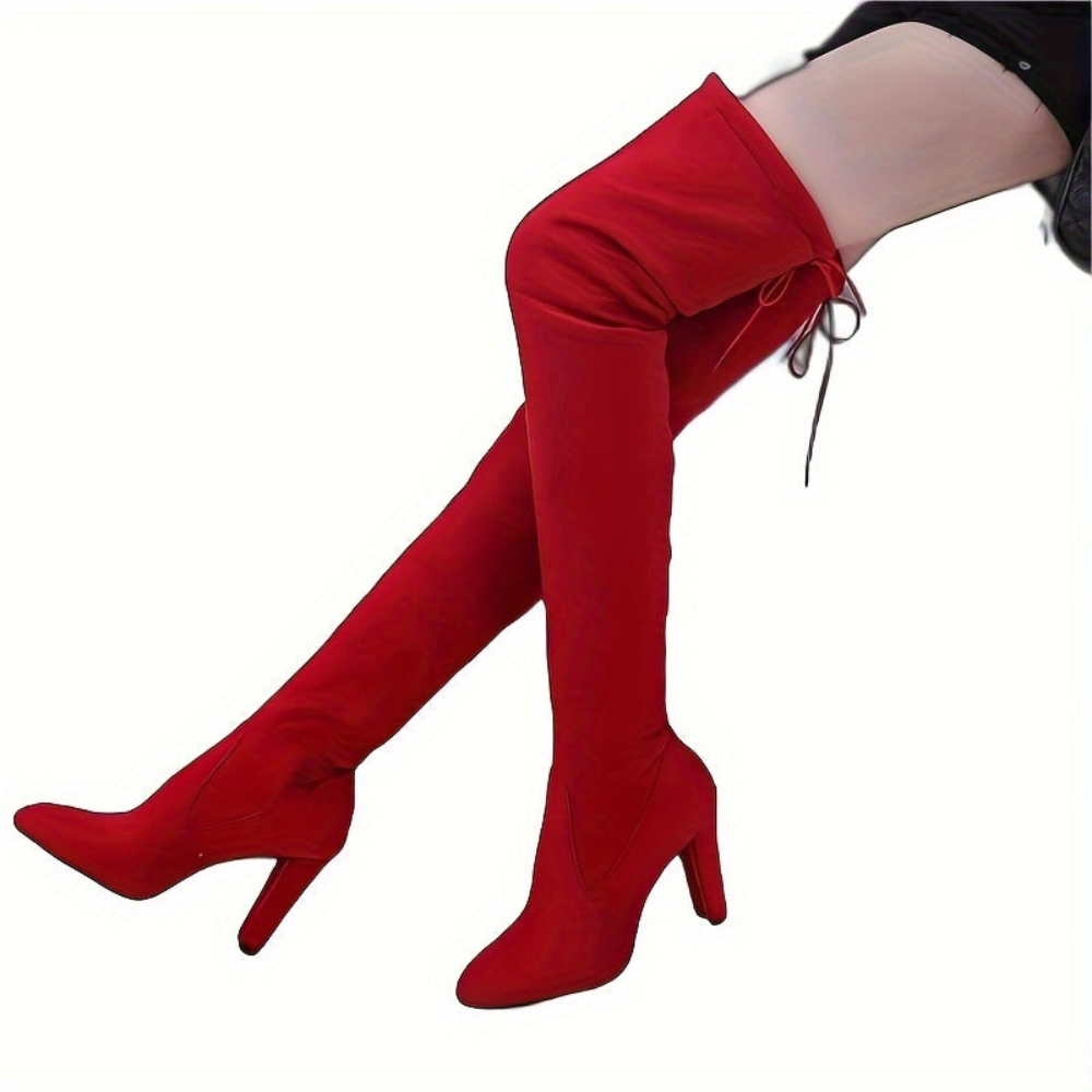 Damen Overknee Stiefel mit Blockabsatz und Schnürung