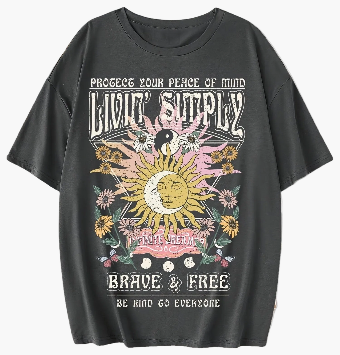 Women's T-Shirt Boho Living Simply Brave & Free with Sun Design and Inspirational Quote – Casual Summer Top