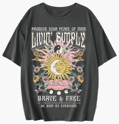 Women's T-Shirt Boho Living Simply Brave & Free with Sun Design and Inspirational Quote – Casual Summer Top