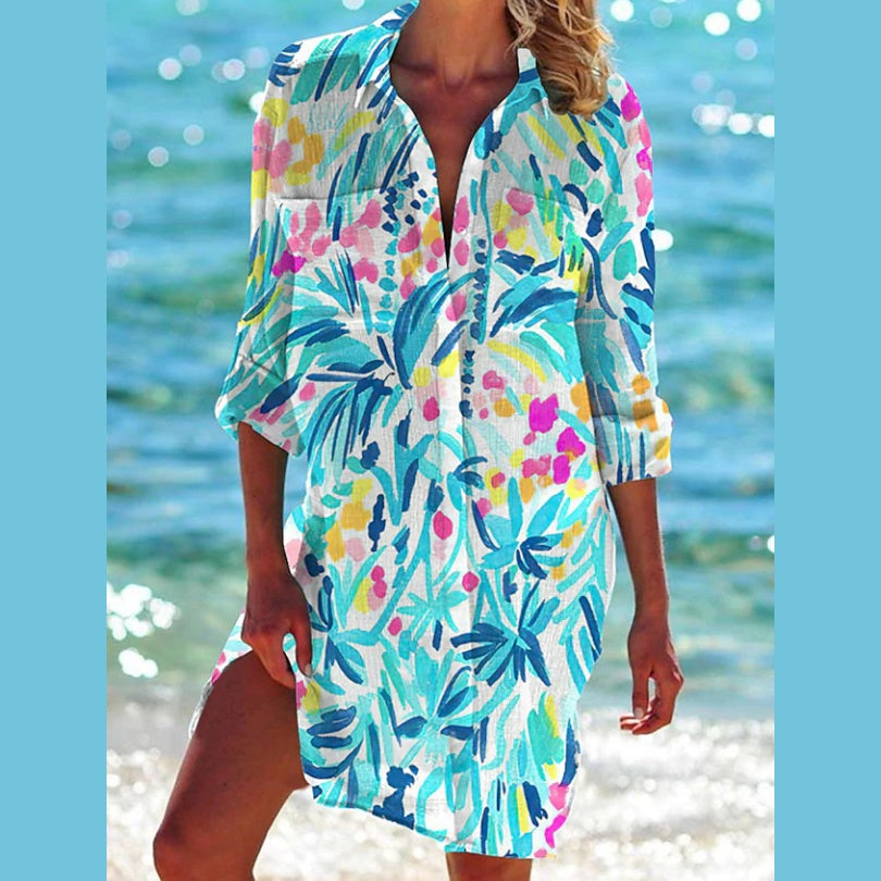 Women's Beach Tunic Dress – Summer Beach Cover-up, Airy, Tropical Pattern, Perfect for Vacation & Pool