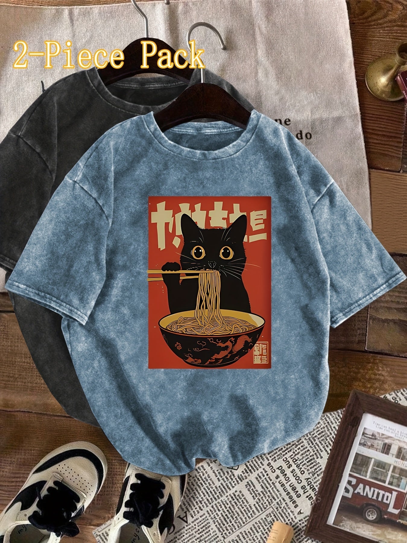 Women's Vintage T-Shirt with Cat and Ramen Print – Funny Graphic Shirt for Casual and Streetwear