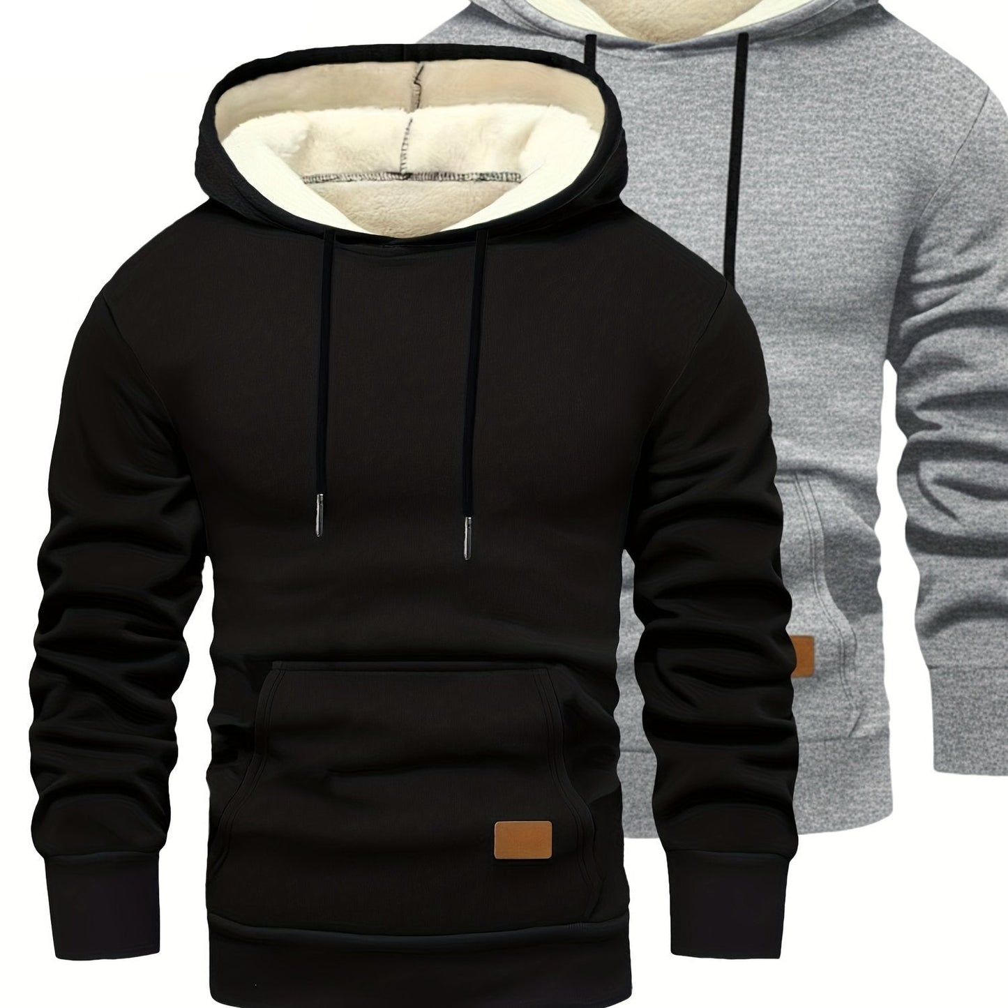 2-pack of men’s hooded sweatshirts, fleece-lined, with kangaroo pockets and drawstrings, black & dark gray