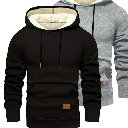 2-pack of men’s hooded sweatshirts, fleece-lined, with kangaroo pockets and drawstrings, black & dark gray