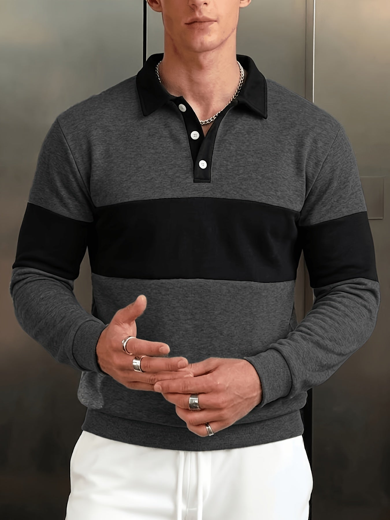 Men's long-sleeve striped rugby shirt with a polo collar, dark gray and black