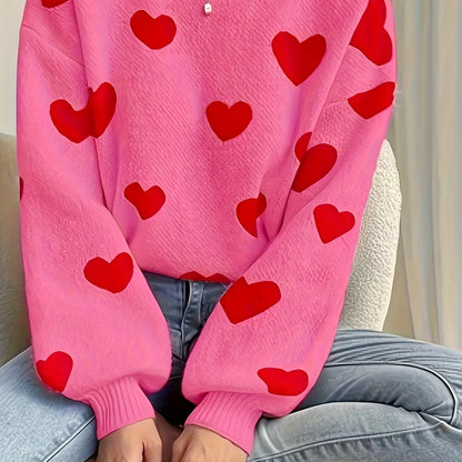 Women's sweater with heart pattern, crew neck, long-sleeve knit sweater